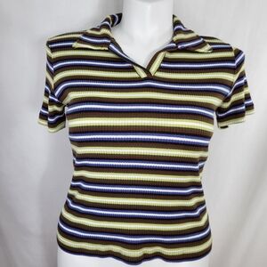 NY&CO Striped Multicolor SWEATER Top Womens Size L Collared Short Sleeve Ribbed